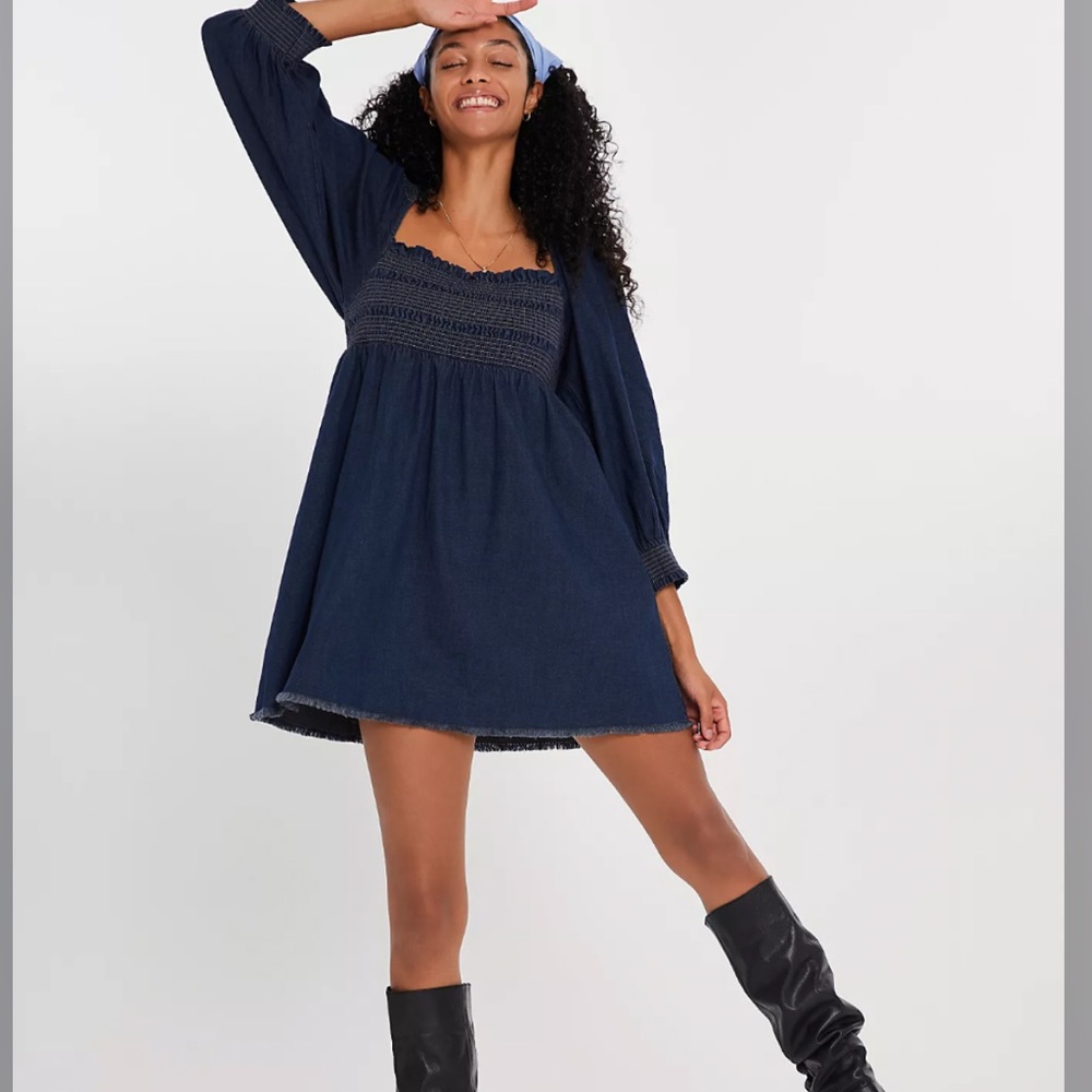 Free People This is Everything babydoll Tie smocked Denim Mini Dress
